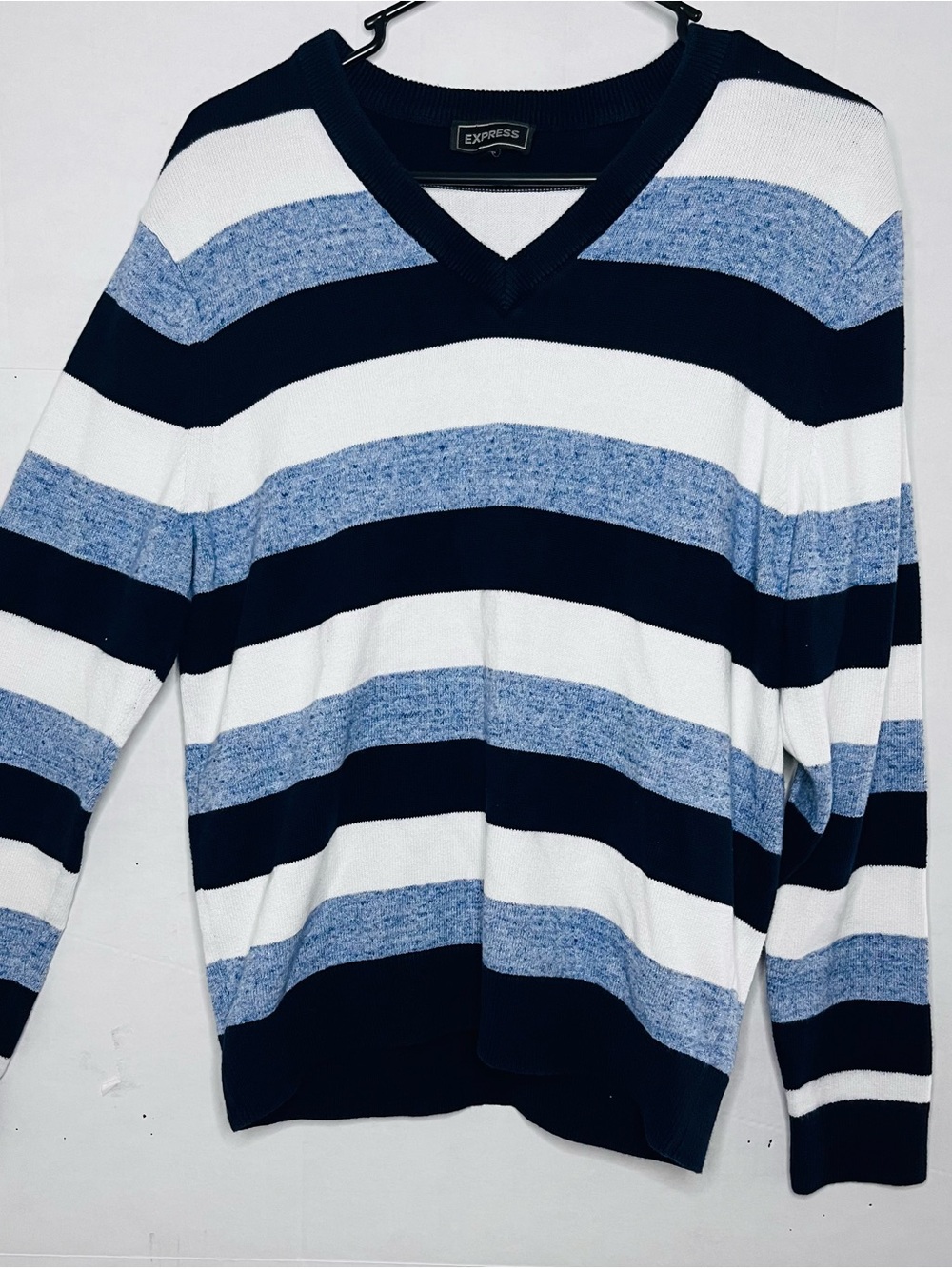 Express Men’s Navy, Light Blue & White Striped V-Neck Sweater